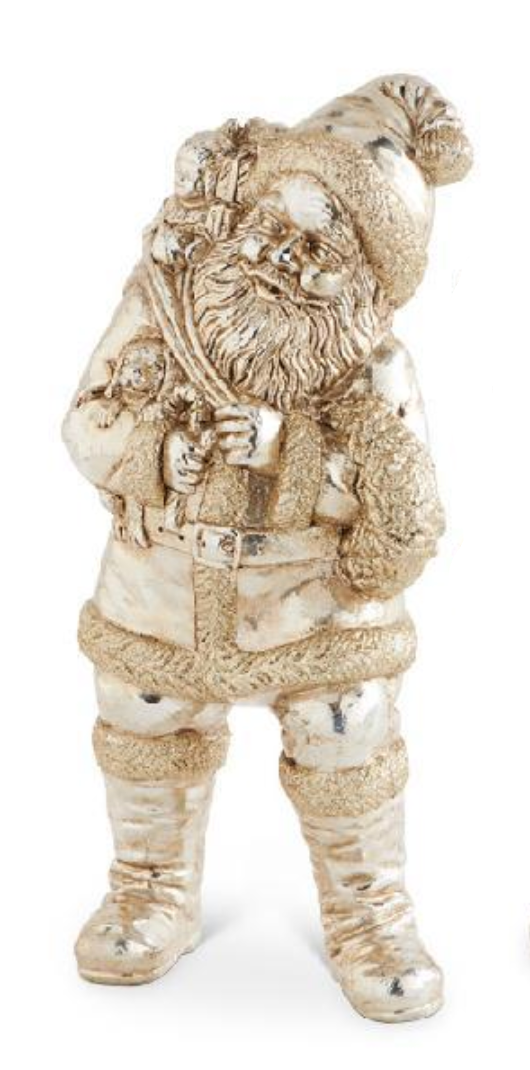Decorative figure of a gnome in a silver and gold outfit on a white background