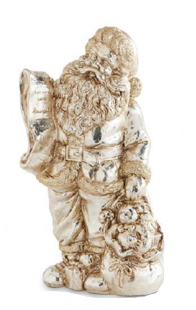 Decorative figure of a silver angel holding flowers on a white background