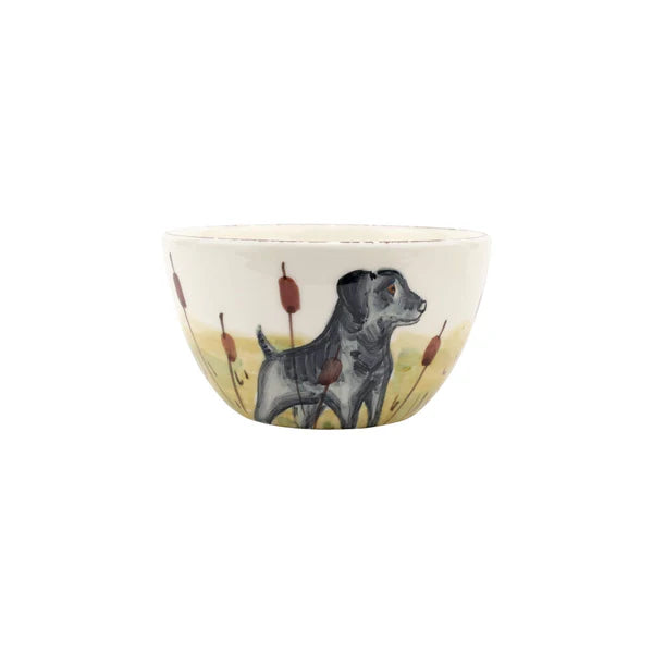 Ceramic bowl with a dog design on a white background