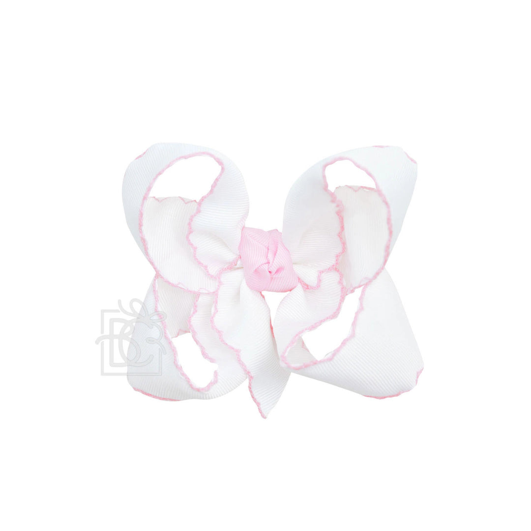 WHITE WITH LIGHT PINK CROCHETED EDGES BOW