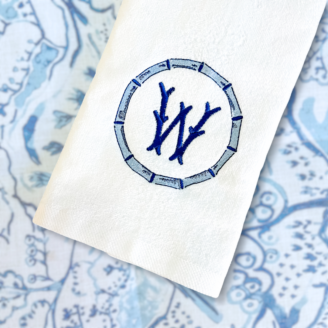 blue bamboo circle embroidery on hand towel