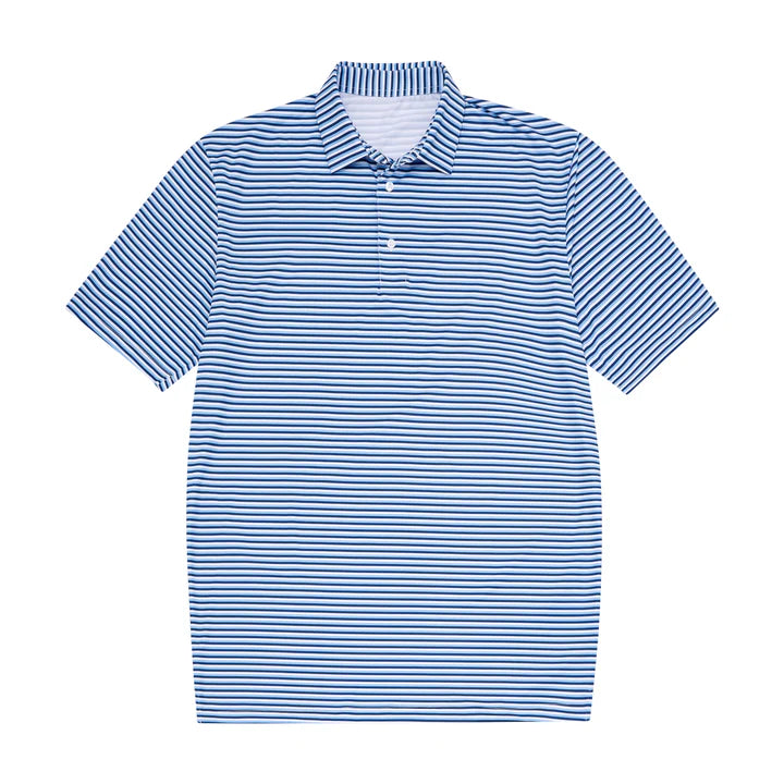 Blue and white striped polo shirt on a white background