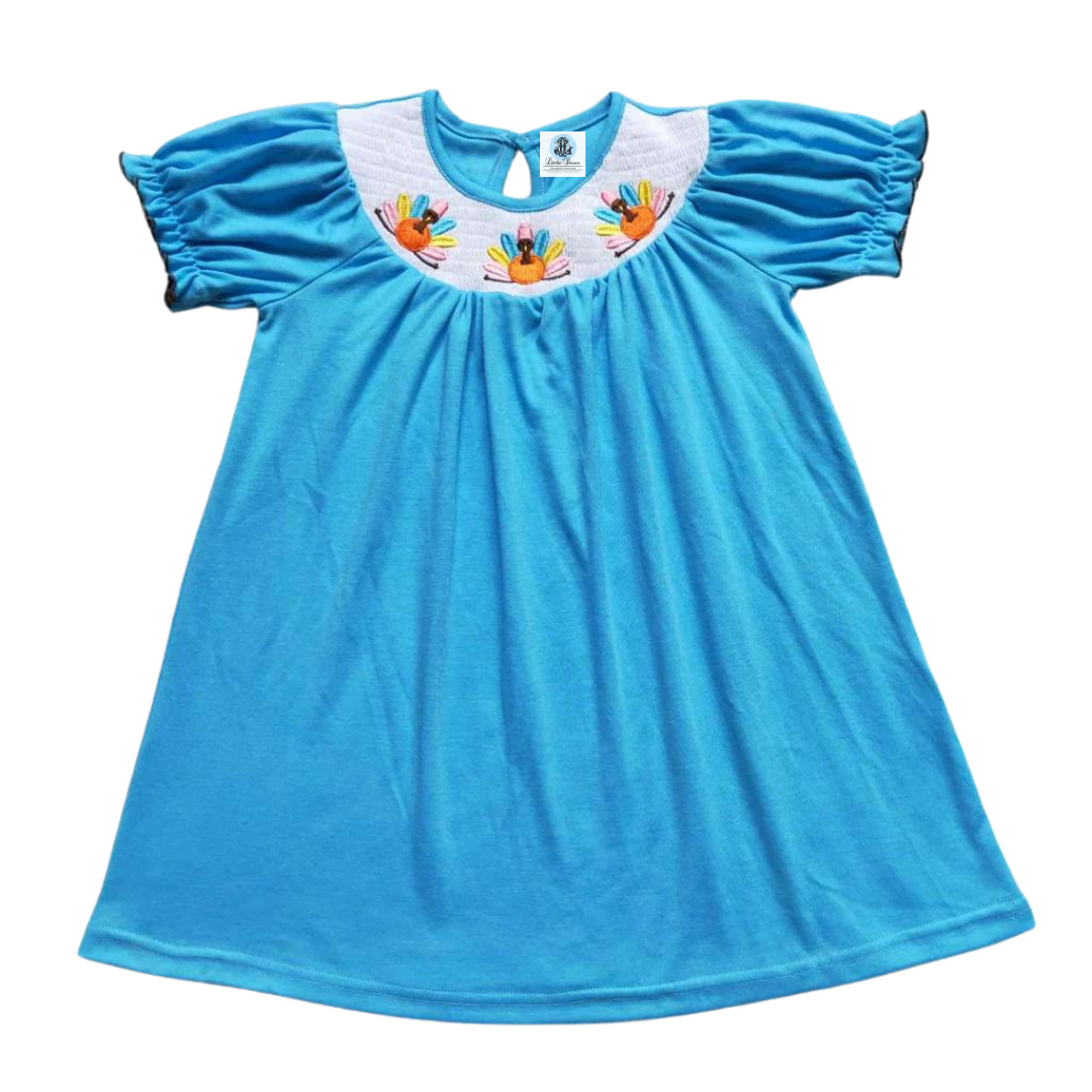 BLUE EMBROIDERED THANKSGIVING DRESS
