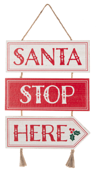 Santa Stop Here wood sign with twine string on white background