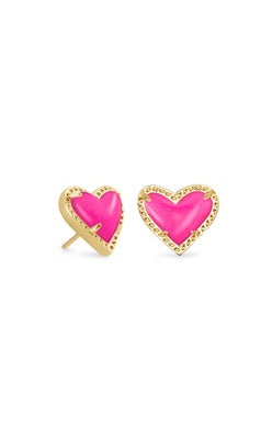 ARI HEART STUD EARRINGS, GOLD MAGENTA