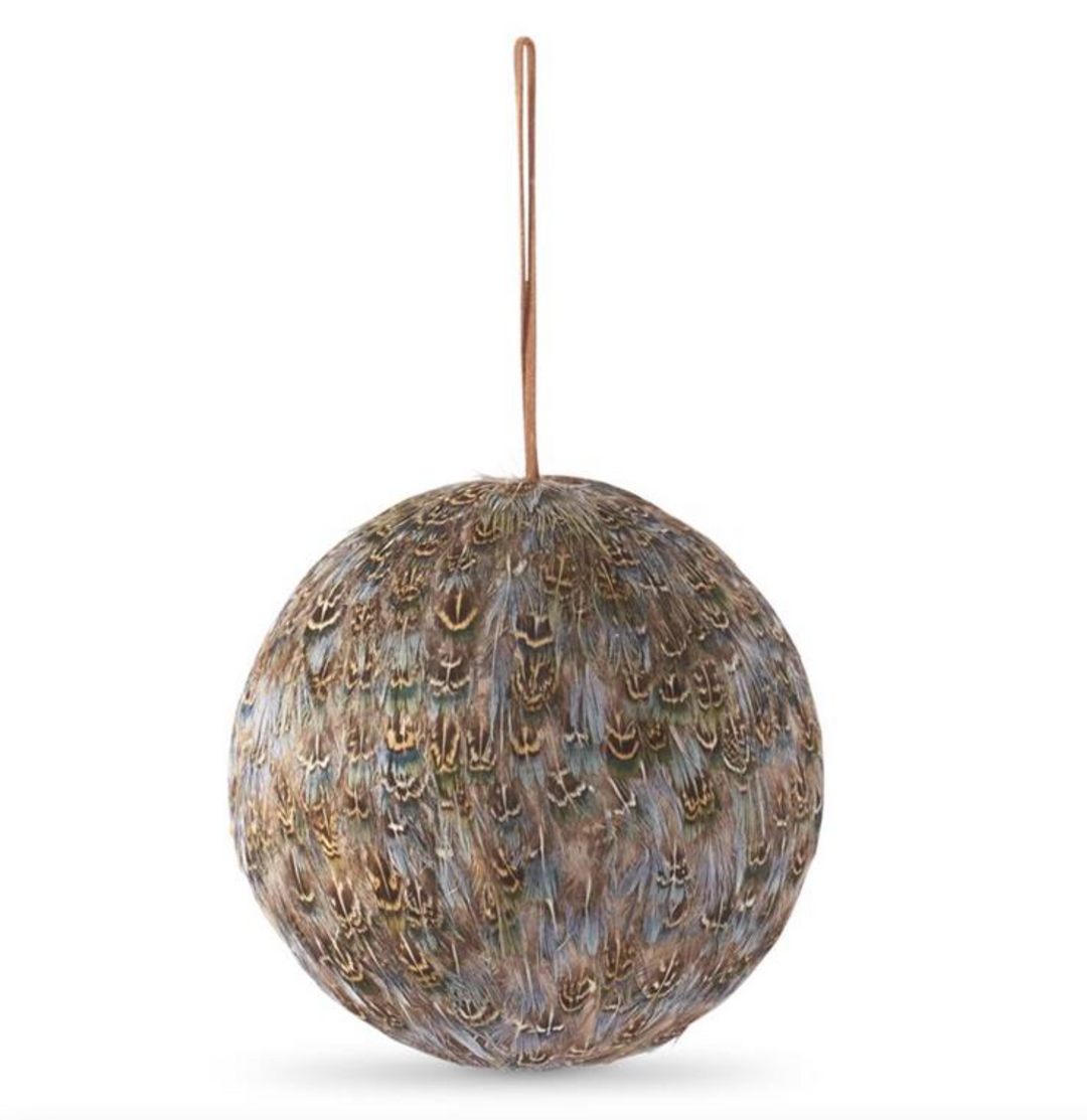 BROWN TAN & BLUE FEATHER BALL ORNAMENT, 5.5 INCH