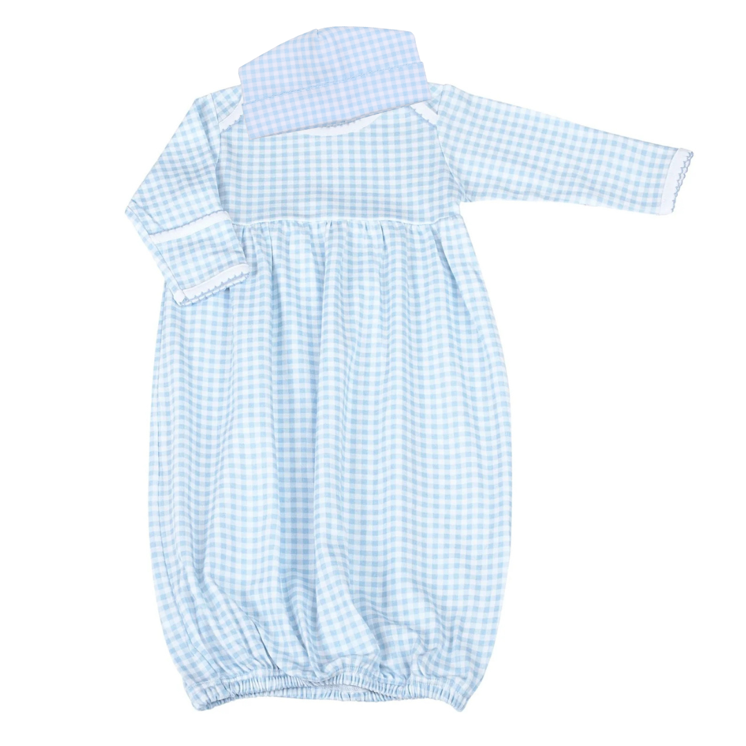 BLUE MINI CHECK GATHERED GOWN & HAT SET