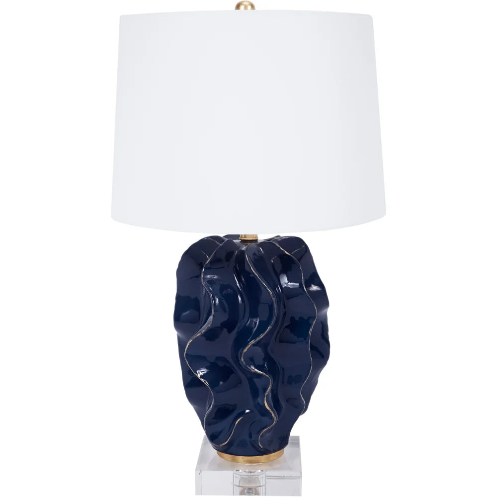 NAVY BLUE HANNAH WAVE LAMP WITH WHITE LINEN SHADE