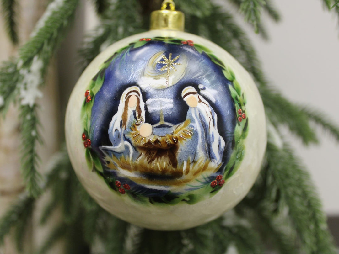 HOLY FAMILY MIDNIGHT SKY HAND PAINTED ORNAMENT