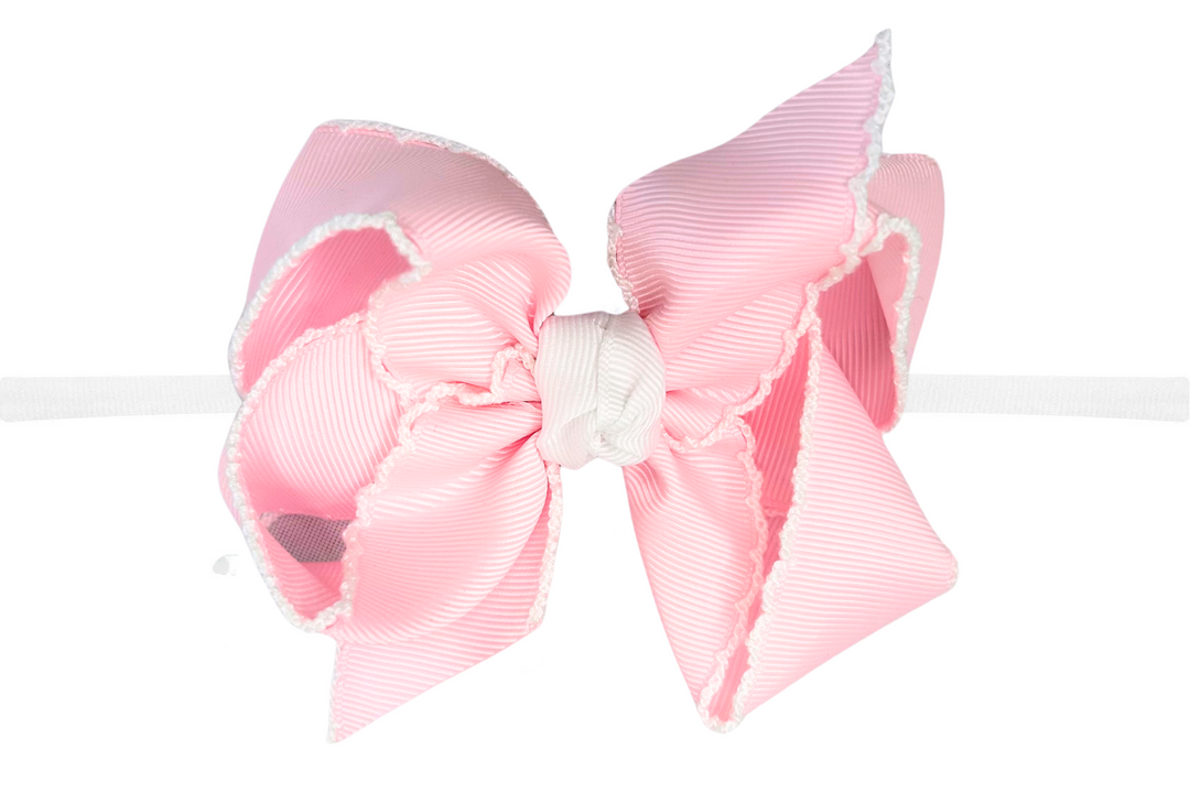 LIGHT PINK WITH WHITE CROCHETED EDGES PANTYHOSE HEADBAND BOW
