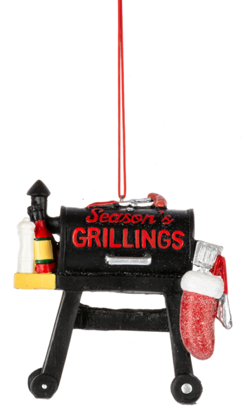 Season's Grillings grill and stocking ornament on white background
