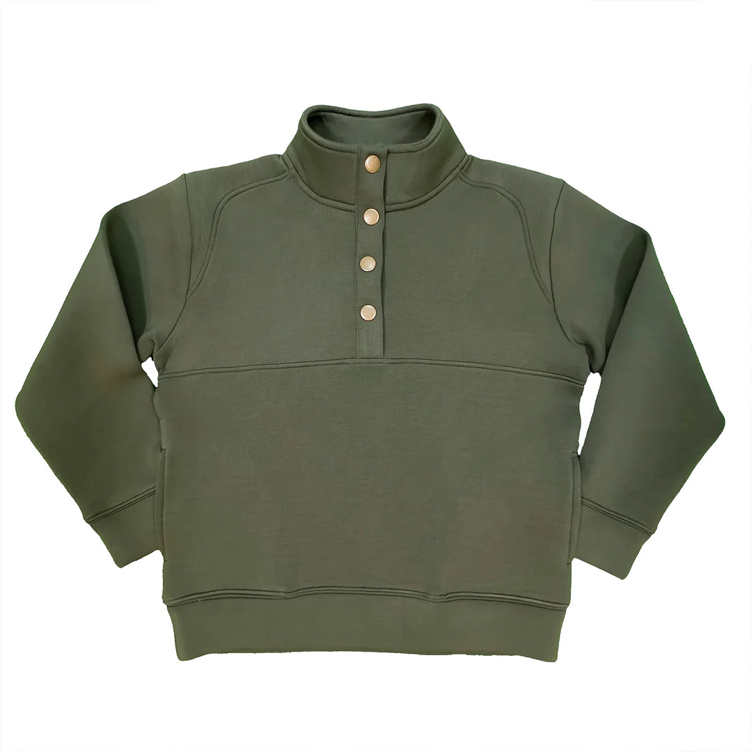 A khaki green Pierce Performance Pullover for boys with a V-neck collar, button-up front, and embroidered marlin on the back of the neck.