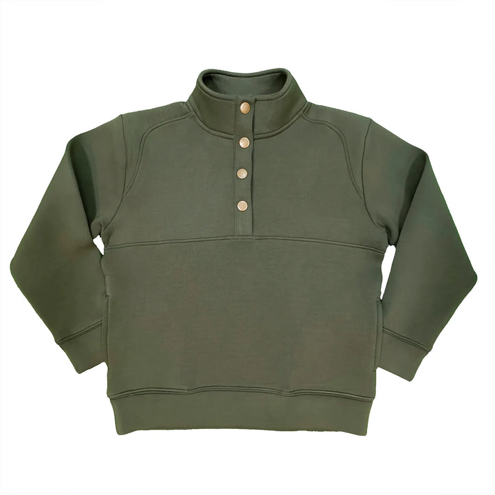 A khaki green Pierce Performance Pullover for boys with a V-neck collar, button-up front, and embroidered marlin on the back of the neck.