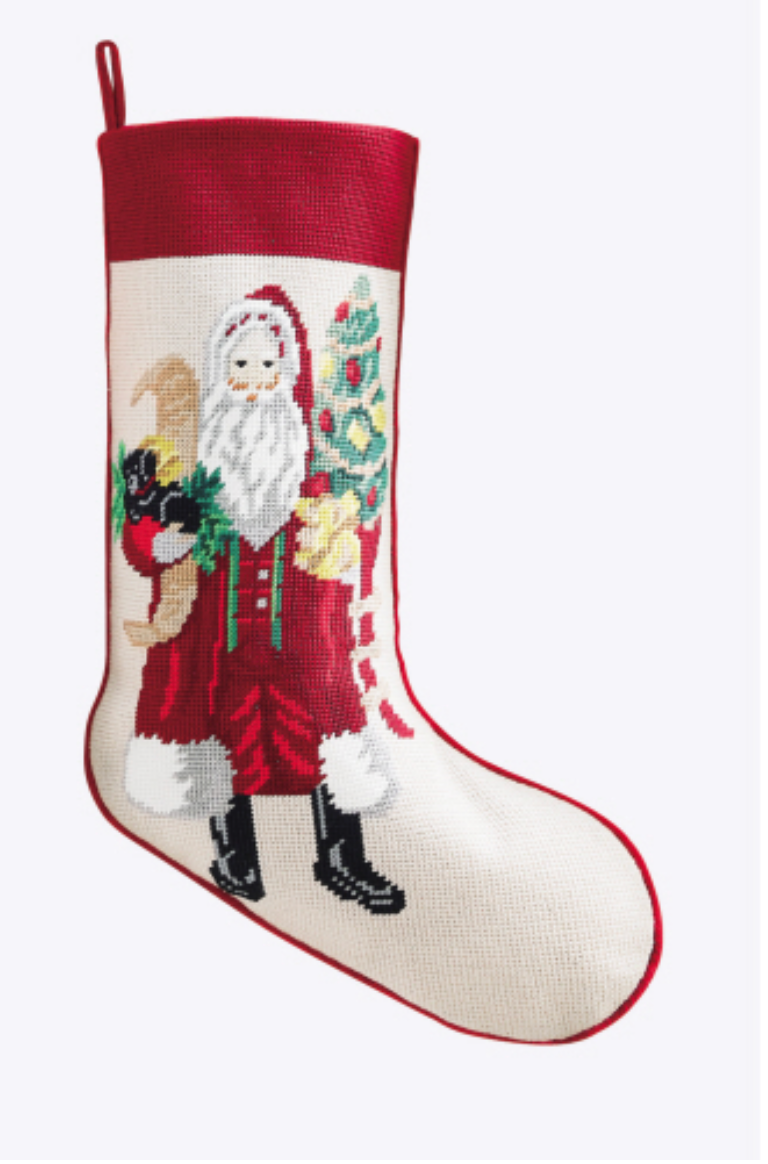 SANTA & BLACK PUPPY NEEDLEPOINT STOCKING