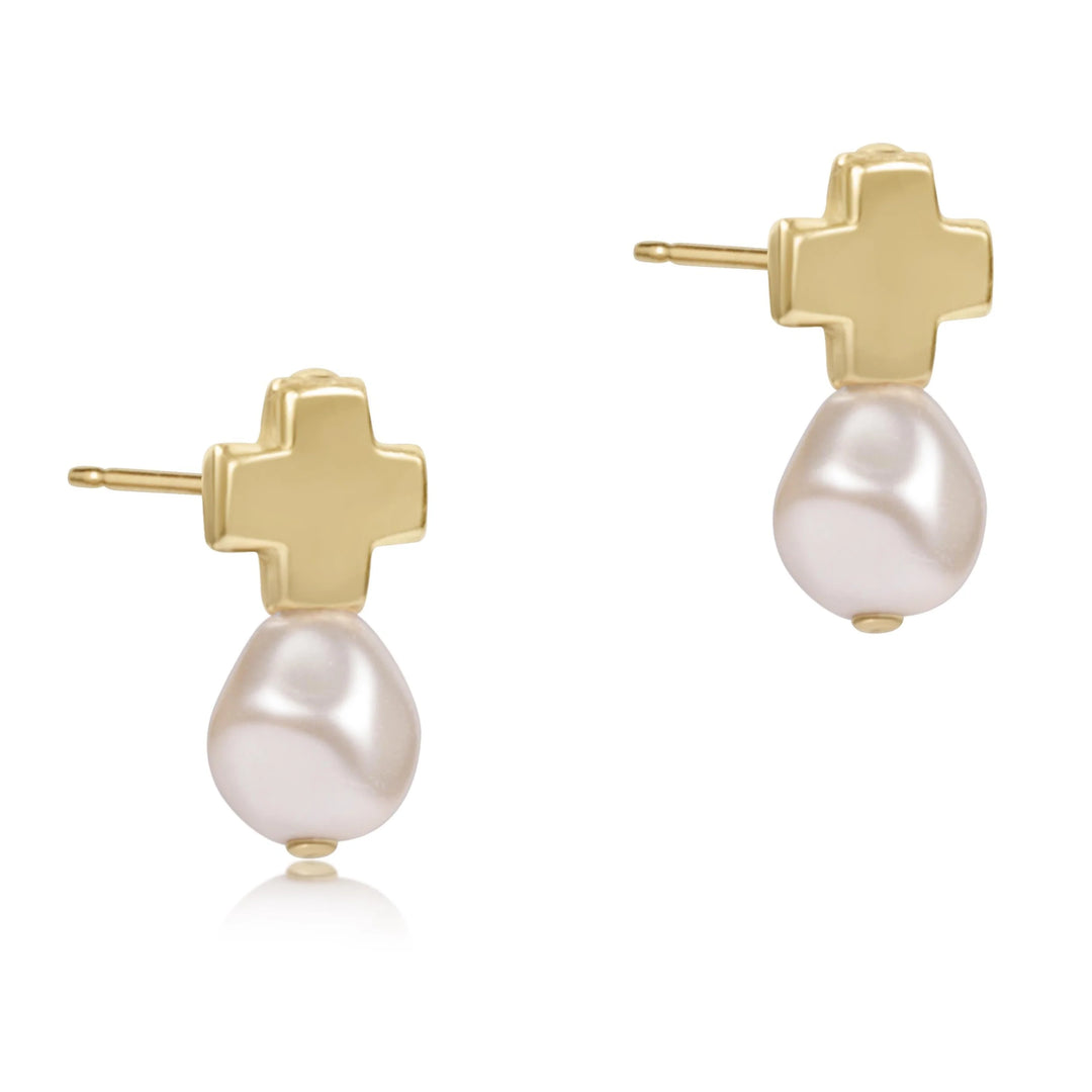 SIGNATURE CROSS GOLD STUD - PEARL