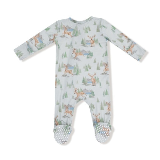 Buck Deer Green Bamboo Zipper Footie – Soft Bamboo Baby Boy Footed Pajamas with Deer Print | Walker Boutique