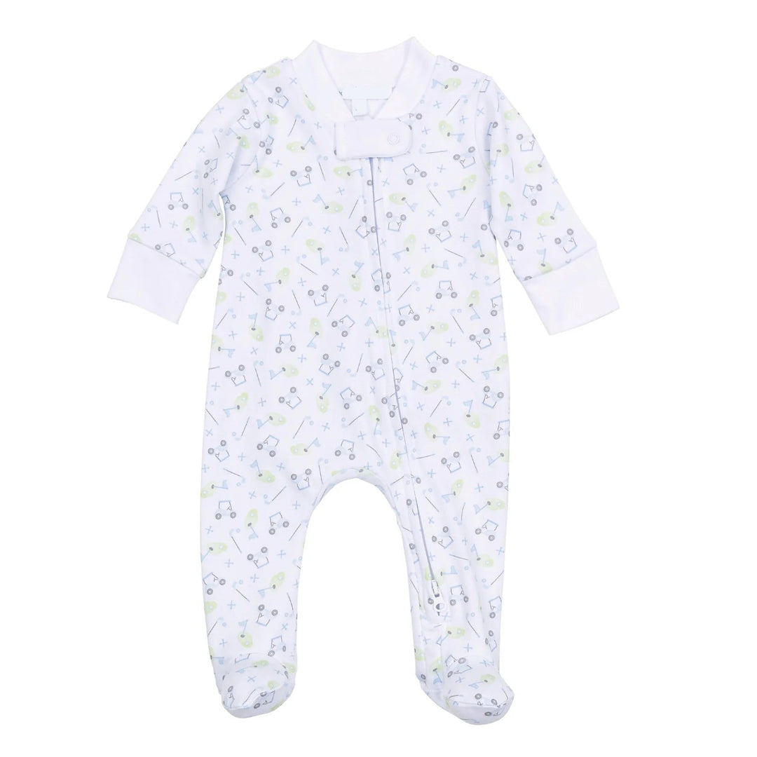 A long-sleeved light blue baby footie with a golf-themed print, featuring a two-way zipper closure at the foot.