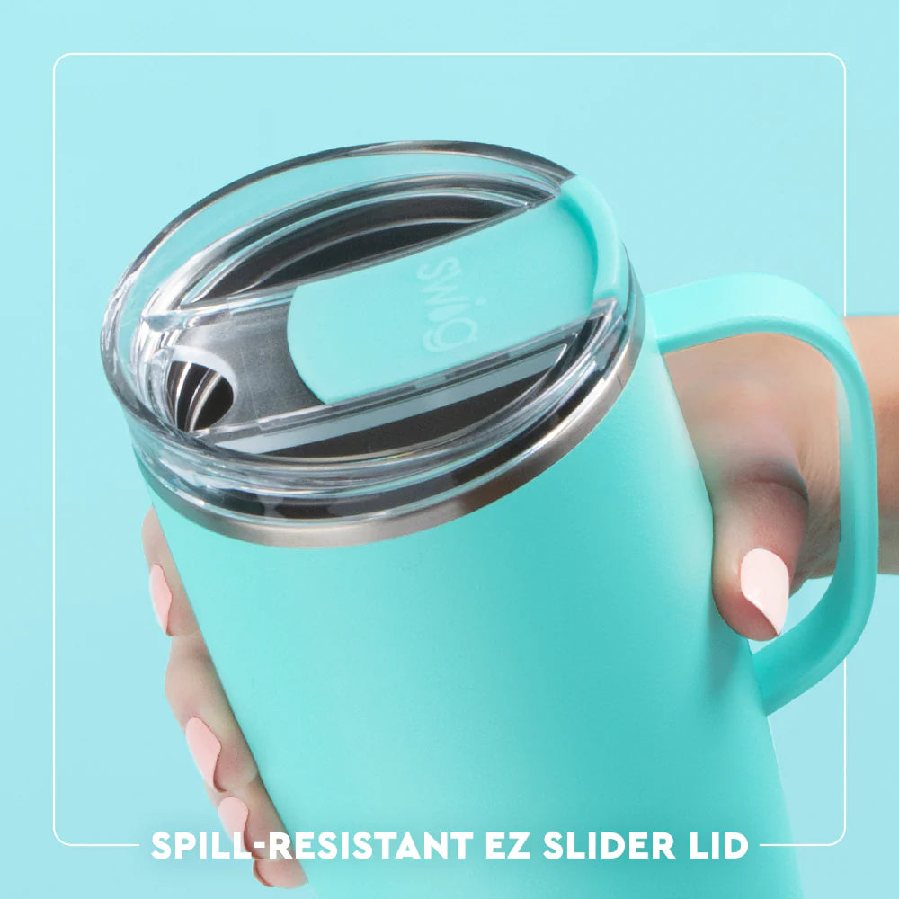 Turquoise tumbler with a spill-resistant EZ slider lid on a light blue background
