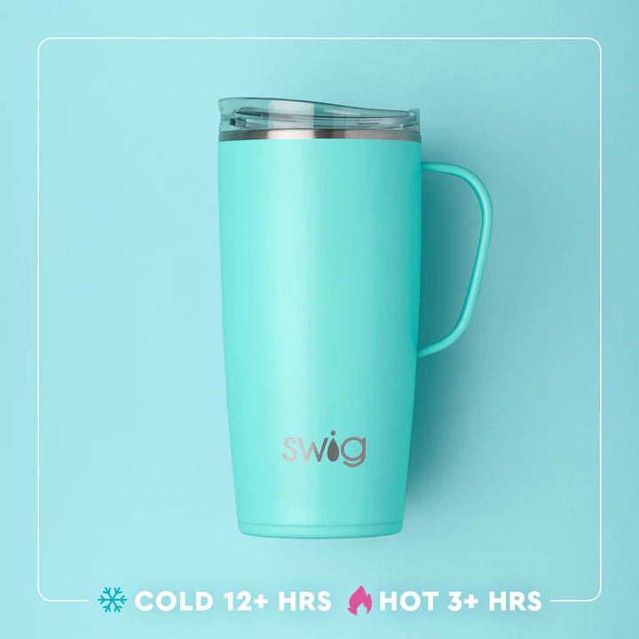 Turquoise swig tumbler on a light blue background