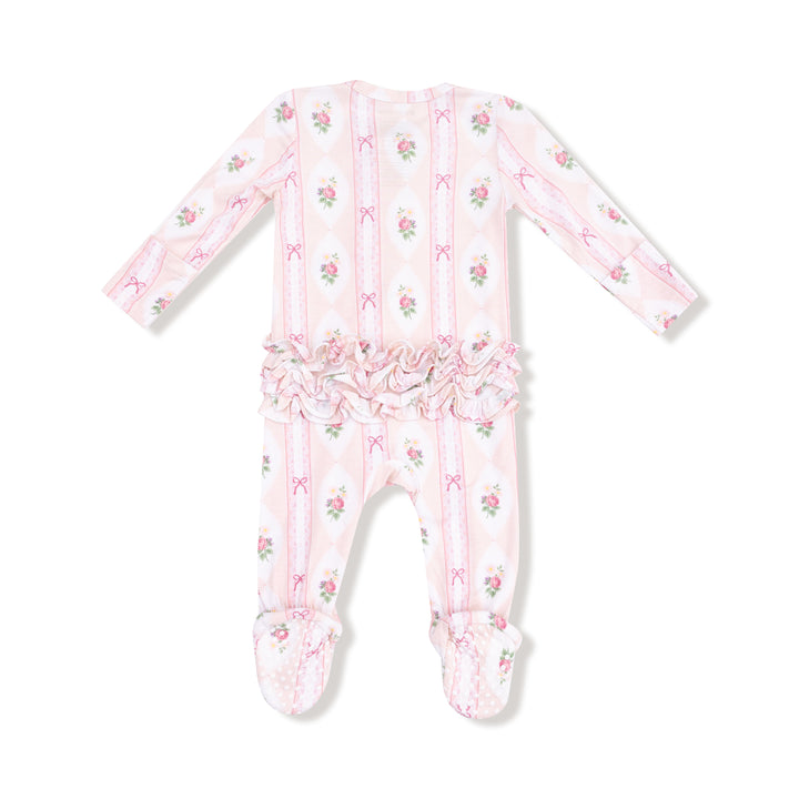Pink baby onesie with floral pattern on a white background