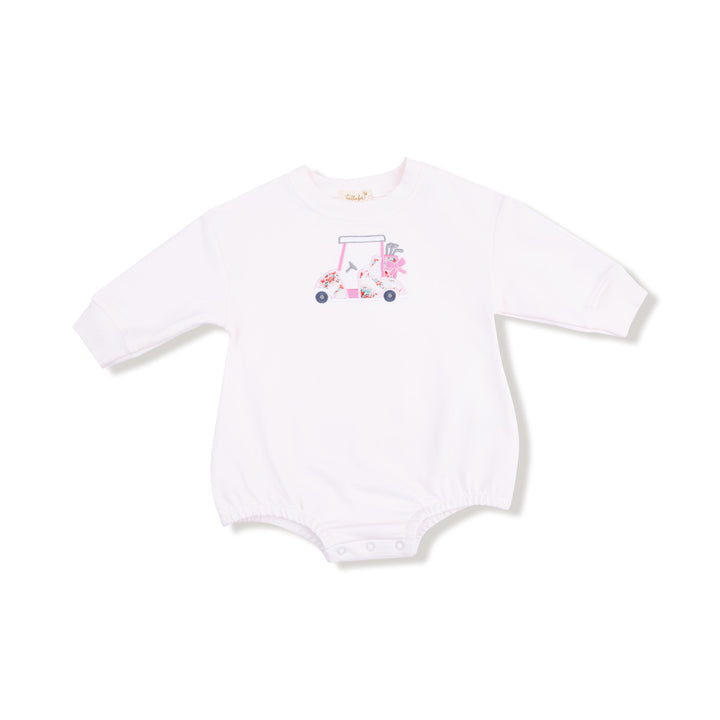 light pink baby onesie with a pink and blue design on a white background