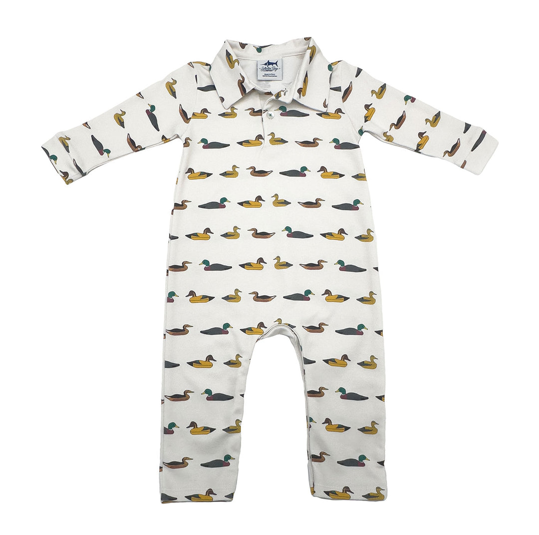 Baby onesie with duck pattern on a white background