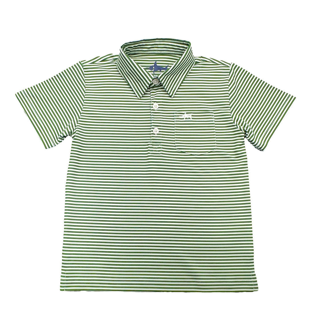 Green and white striped polo shirt on a white background