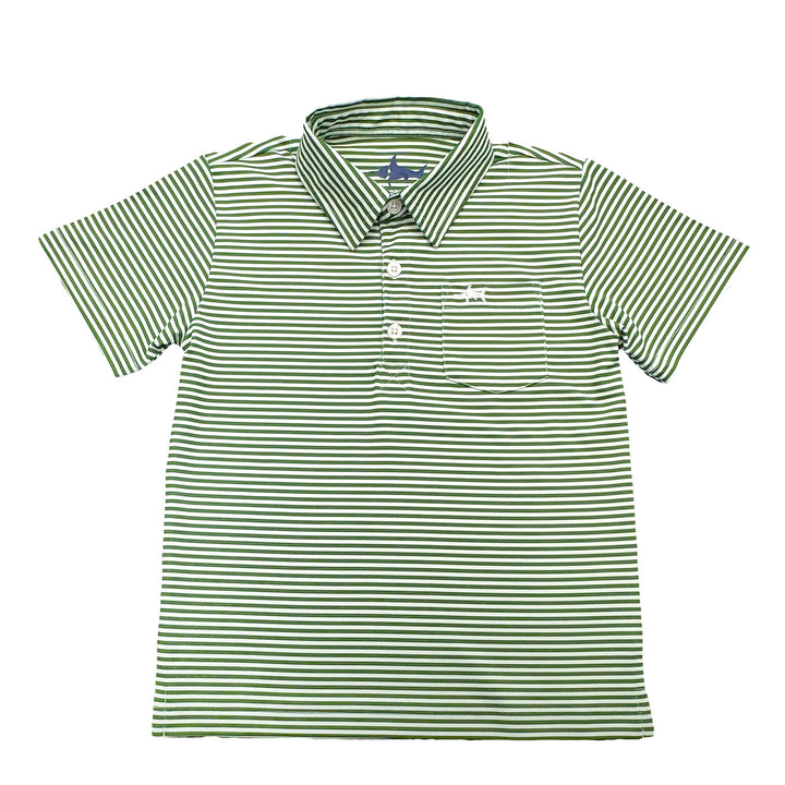 Green and white striped polo shirt on a white background
