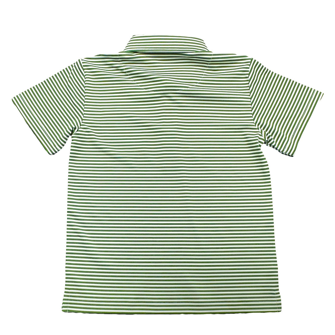 Green and white striped polo shirt on a white background