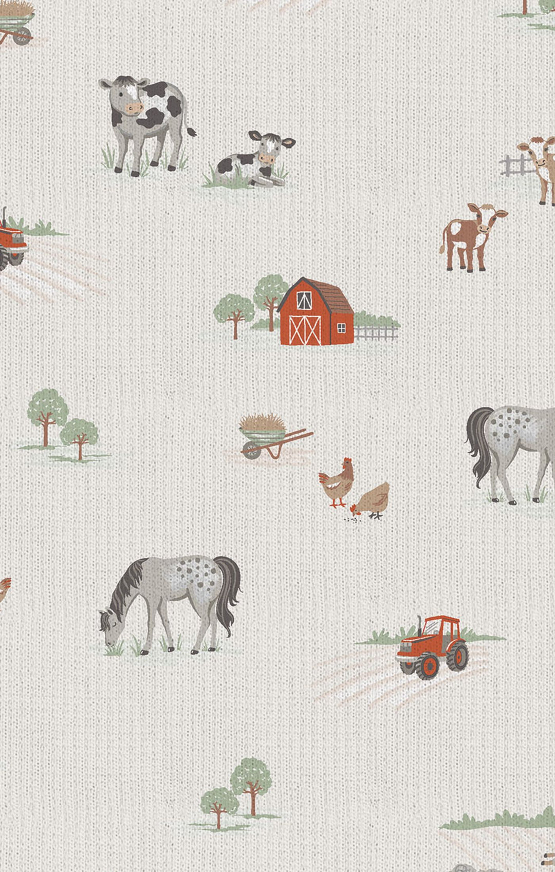 Patterned wallpaper with farm animals and objects on a light background