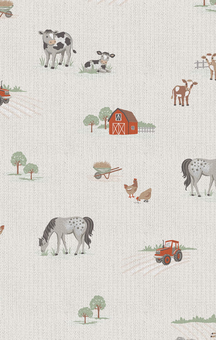 Patterned wallpaper with farm animals and objects on a light background