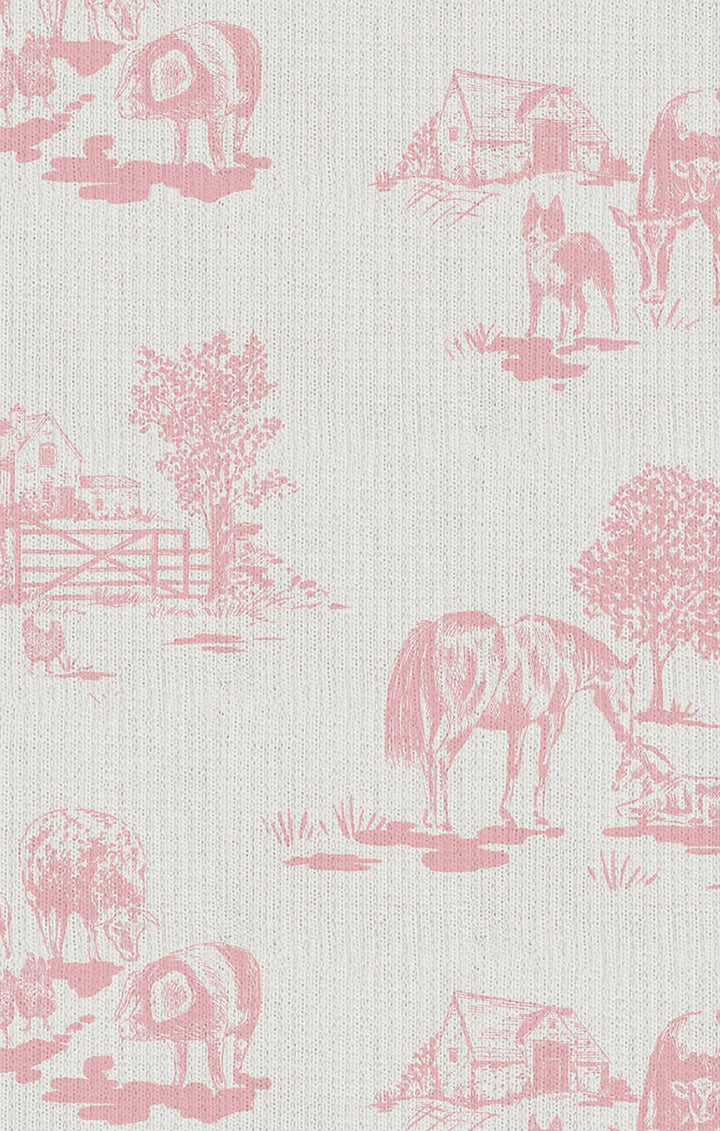 Farm Toile Pink Ribbed Zipper Footie – Soft Baby Girl Footed Pajamas with Pink Farm Print & Peter Pan Collar | Walker Boutique