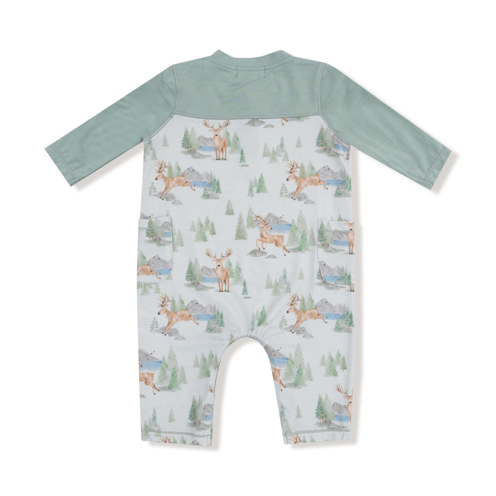 BUCK DEER GREEN LONG ROMPER WITH DARKER GREEN CONTRAST SLEEVES