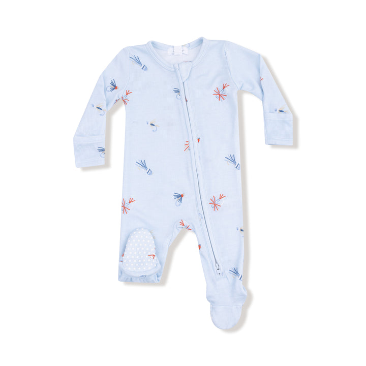 Fly Fishing Lures Blue Bamboo Zipper Footie – Soft Bamboo Baby Boy Footed Pajamas with Fishing Lure Print | Walker Boutique