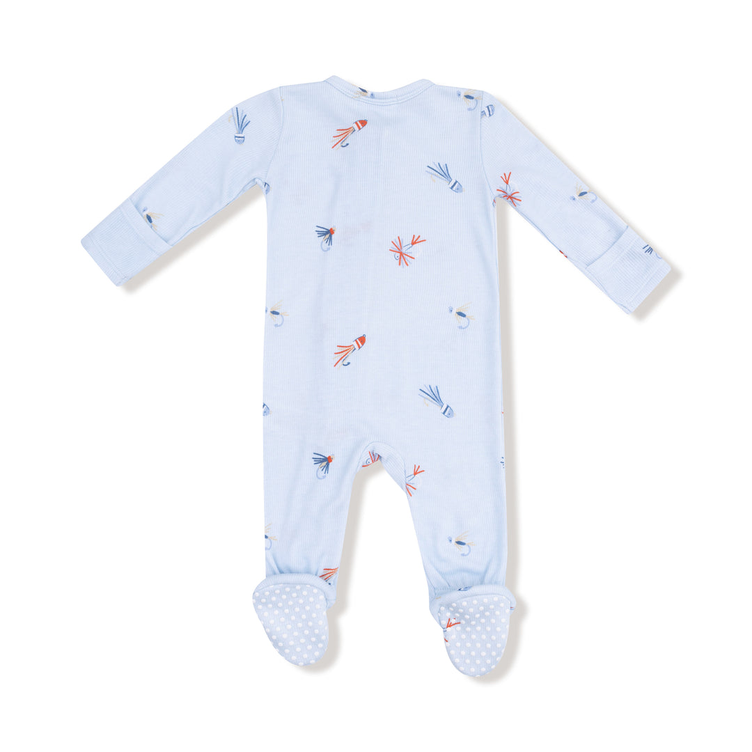 Fly Fishing Lures Blue Bamboo Zipper Footie – Soft Bamboo Baby Boy Footed Pajamas with Fishing Lure Print | Walker Boutique