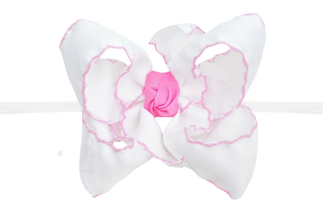 WHITE WITH HOT PINK CROCHETED EDGES PANTYHOSE HEADBAND BOW