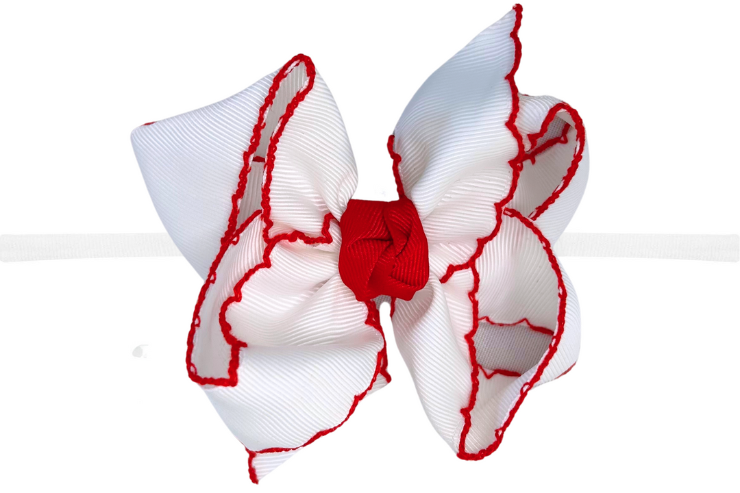 WHITE WITH RED CROCHETED EDGES PANTYHOSE HEADBAND BOW