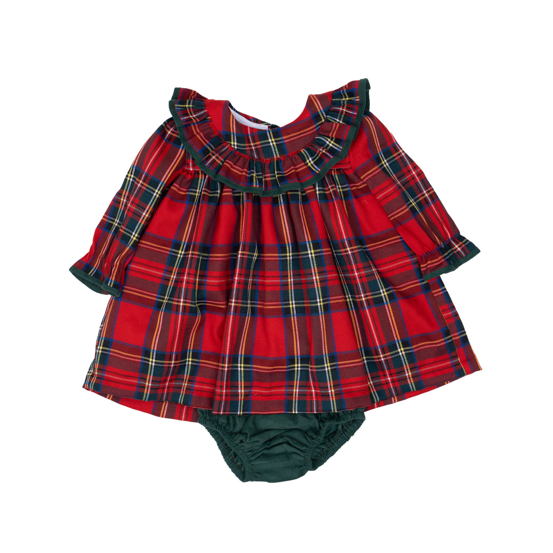 Red plaid baby dress with green trim on a white background