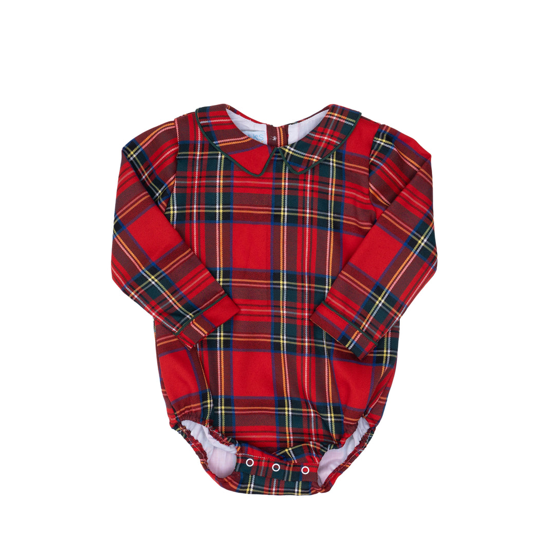 Red plaid baby onesie on a white background