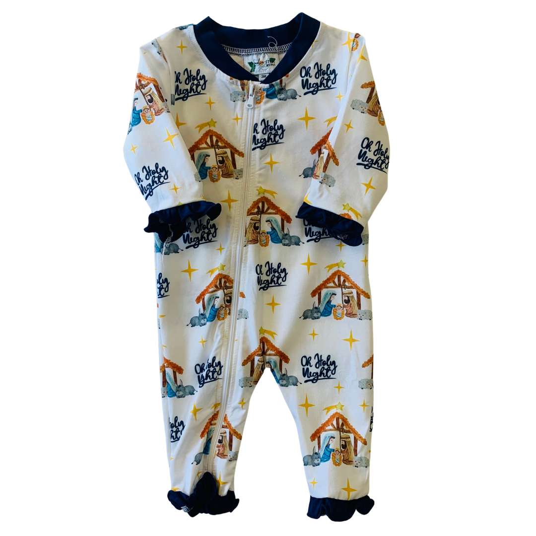 WHITE NATIVITY RUFFLE ZIP ONESIE