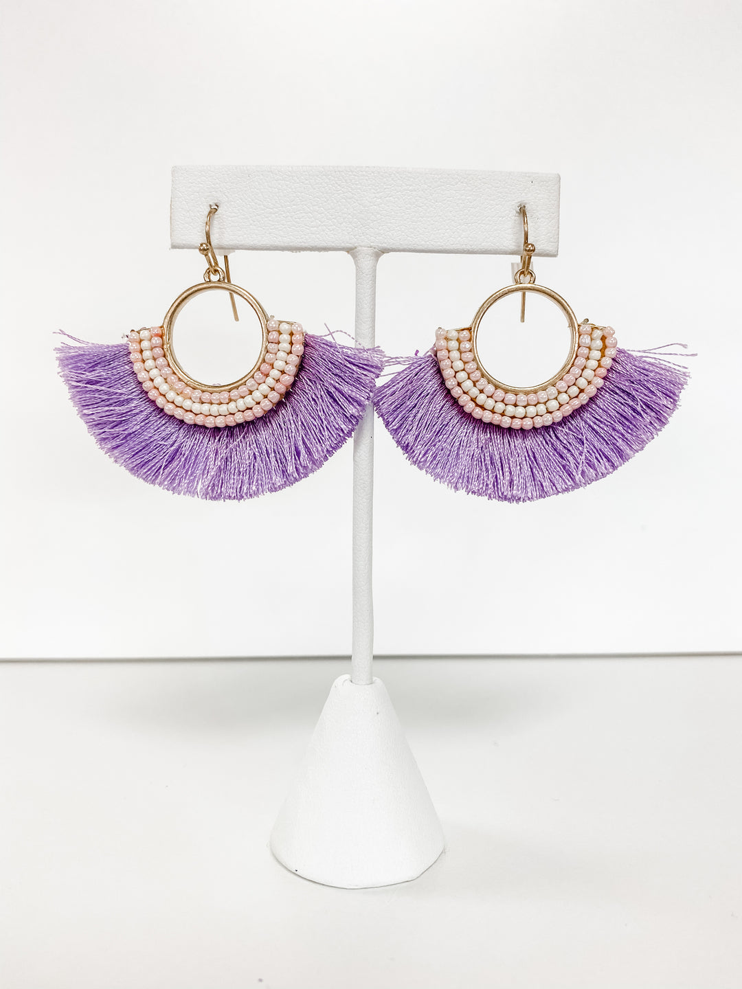 LAVENDER BEADED FRINGE FAN EARRINGS