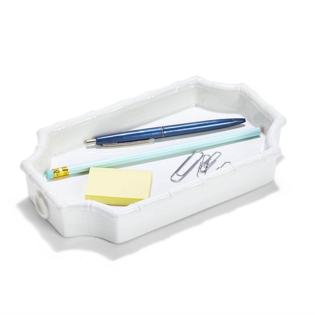 FAUX BAMBOO DESK TRAY with desk supplies in it