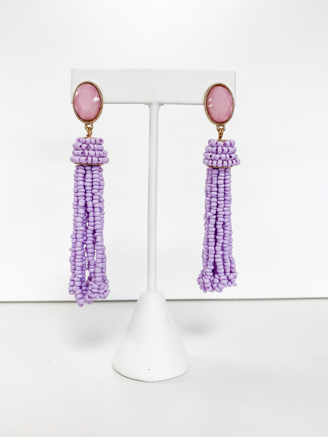 LAVENDER SEED BEAD TASSEL EARRINGS