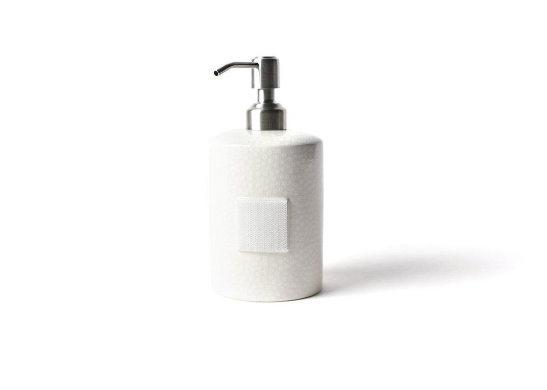 A white small dot mini cylinder soap pump with a metal pump dispenser, against a white background.