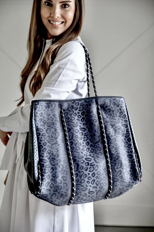 BLACK LEOPARD NEOPRENE TOTE