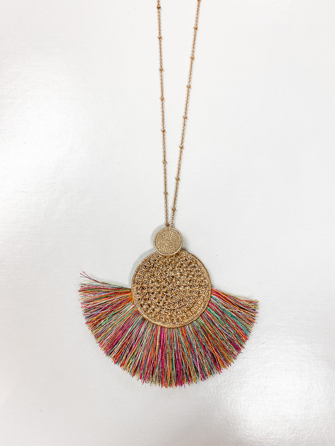 MULTI COLOR WOVEN METAL DISC TASSEL NECKLACE