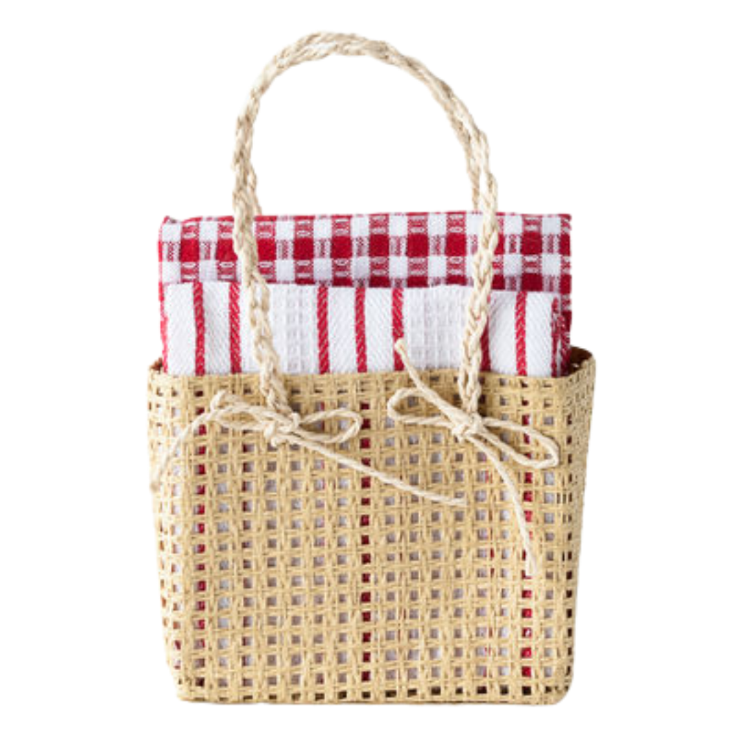 PICNIC PATTERENED DISH TOWEL IN BASKET