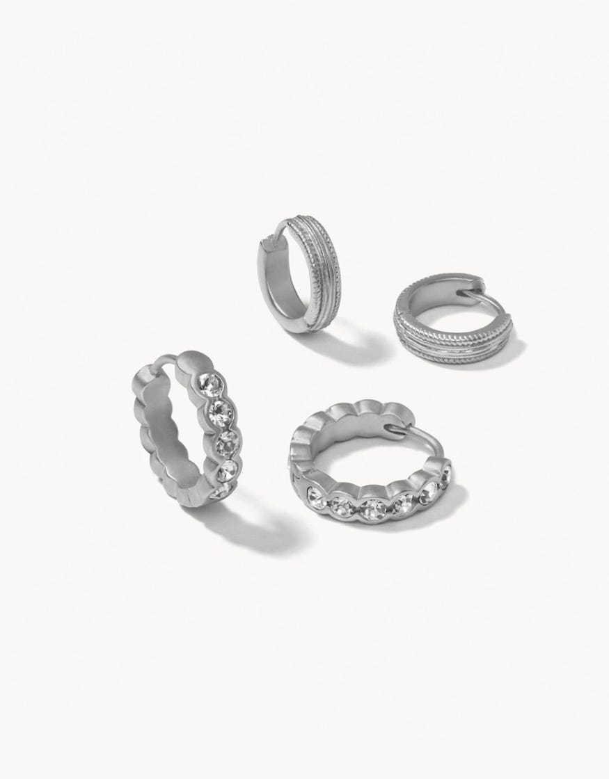 SILVER CRYSTAL SIMPLE HOOP EARRING SET