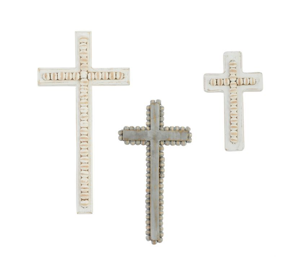 WHITE WASHED BEADED WOOD CROSS