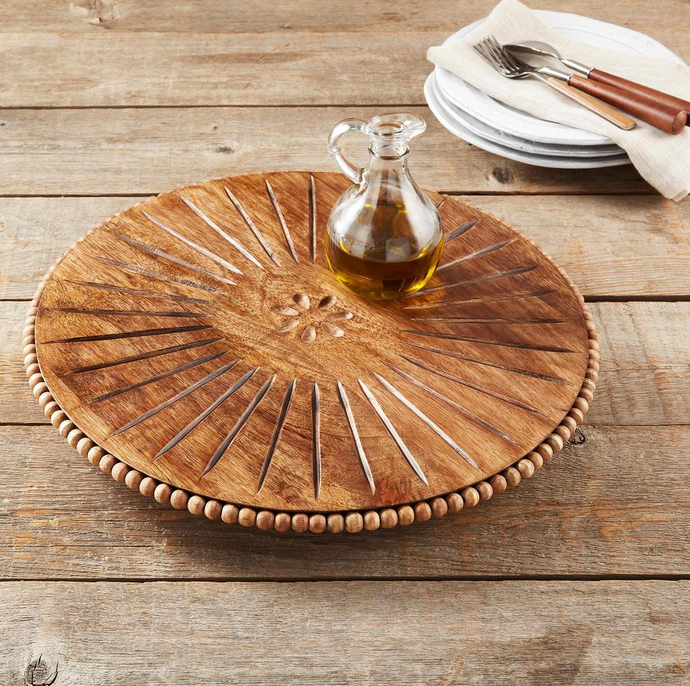 BEADED WOOD CARVED LAZY SUSAN